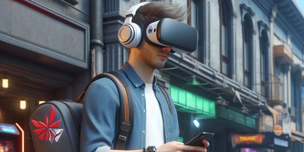 A man in VR glasses with a phone